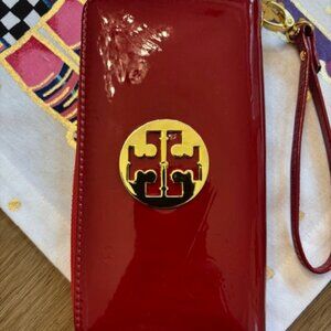 Tory Burch Miller Red Patent Leather Zip Around Continental Wallet Clutch